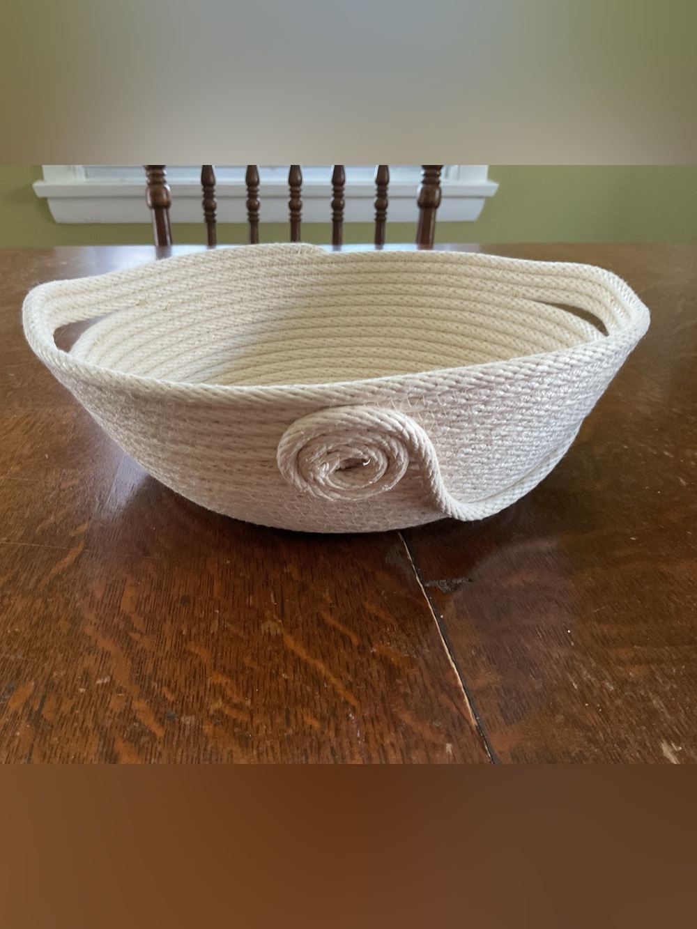 Handmade Heavy-Duty Beige Cotton Rope Bowl with Handles & Spiral Accent